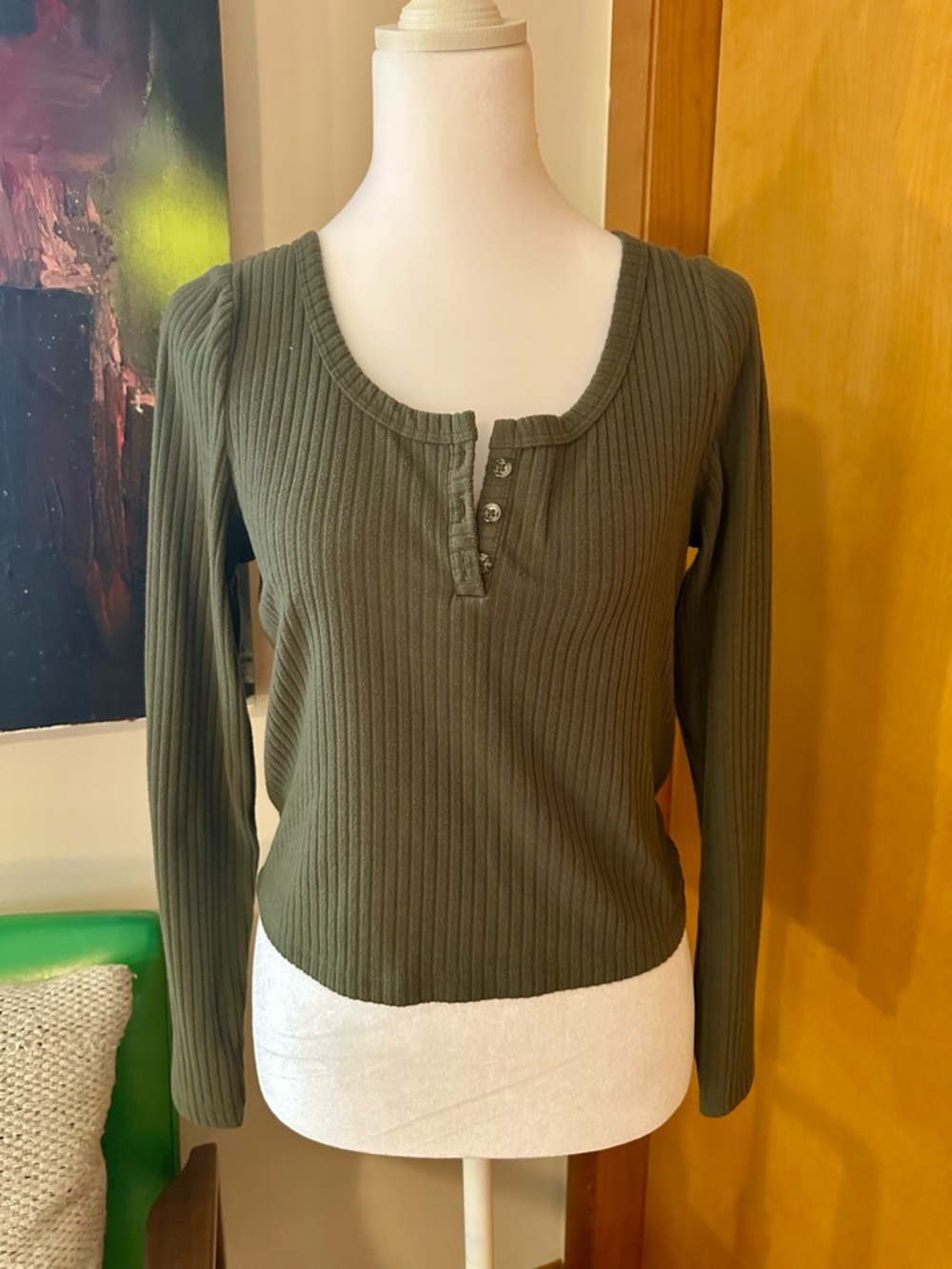 wild fable Olive Ribbed Henley Long-Sleeve Top